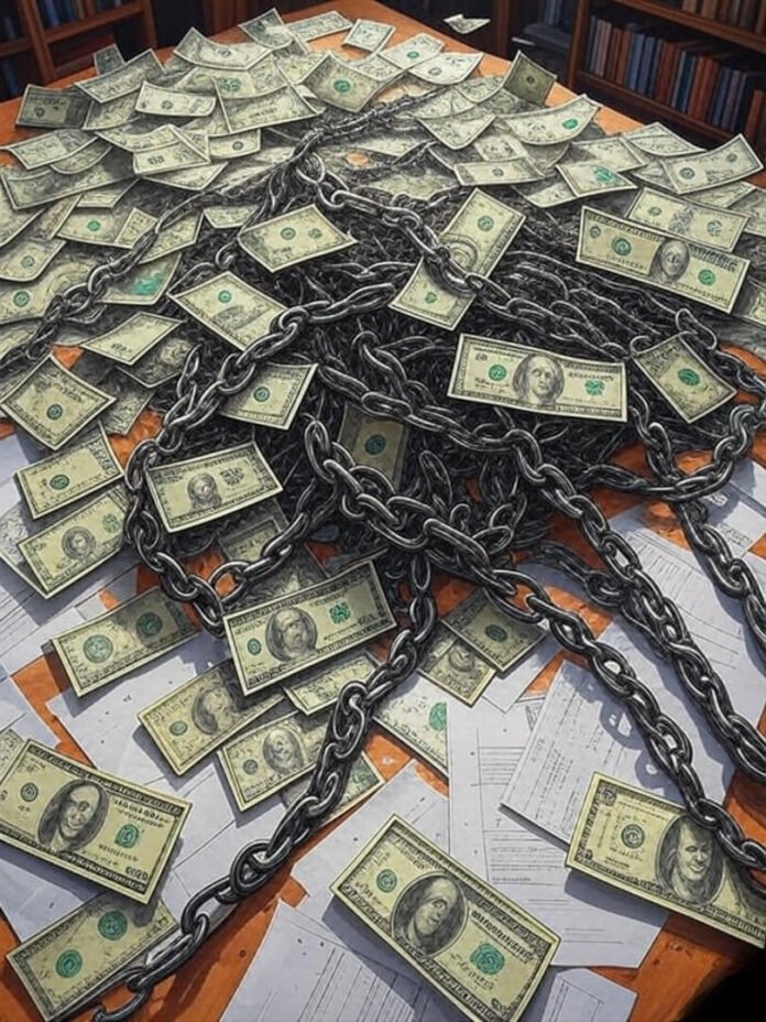 Chaotic bills with chains breaking free, desk view.