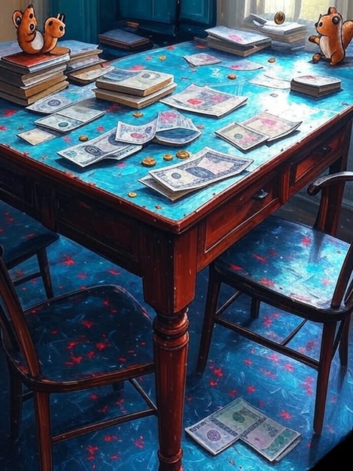 Messy budget table with holographic cash, hopeful vibe.