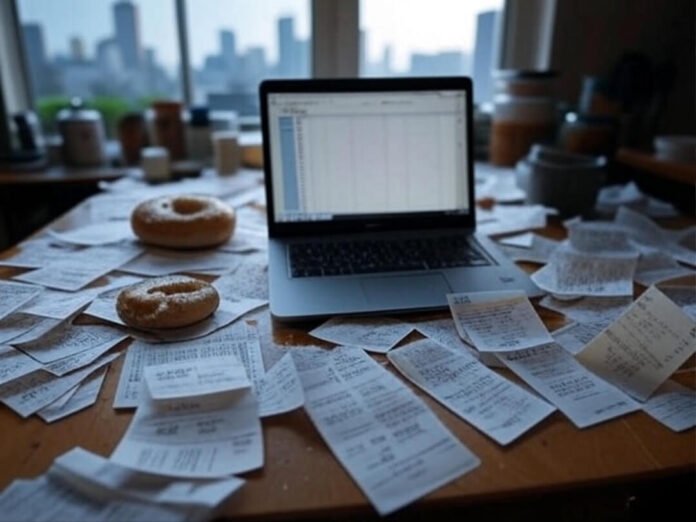 Messy desk with laptop and receipts, zero-based plan.