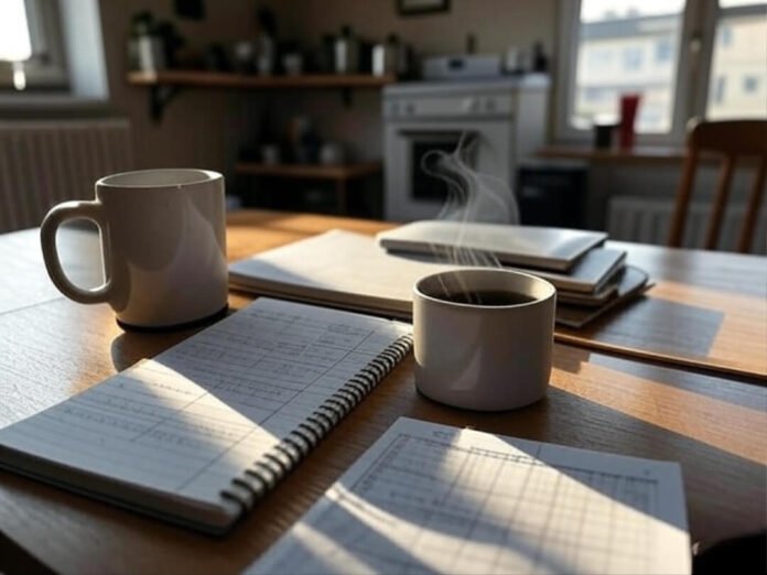 Budget journal and steaming mug on cluttered table.
