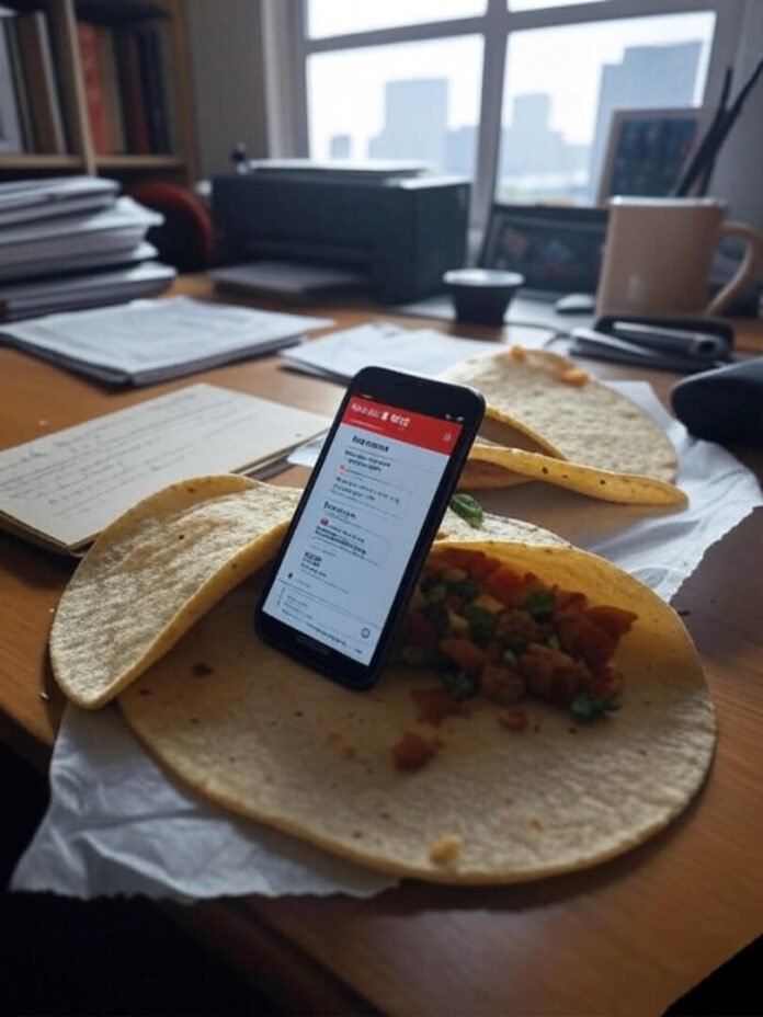 Taco crumbs clash with budget alert glow.