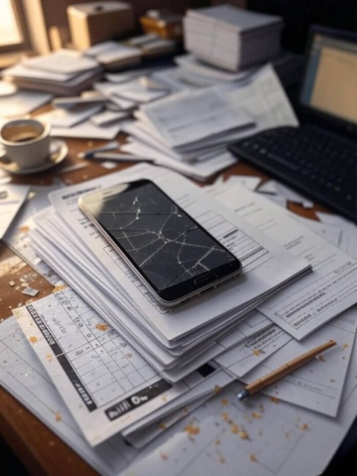Cracked phone amid chaotic unpaid invoices mess.