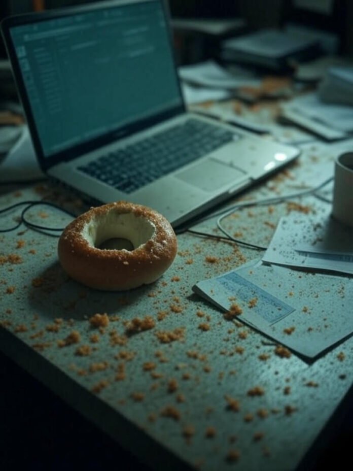 Frantic desk chaos with crashed laptop, half-eaten bagel.