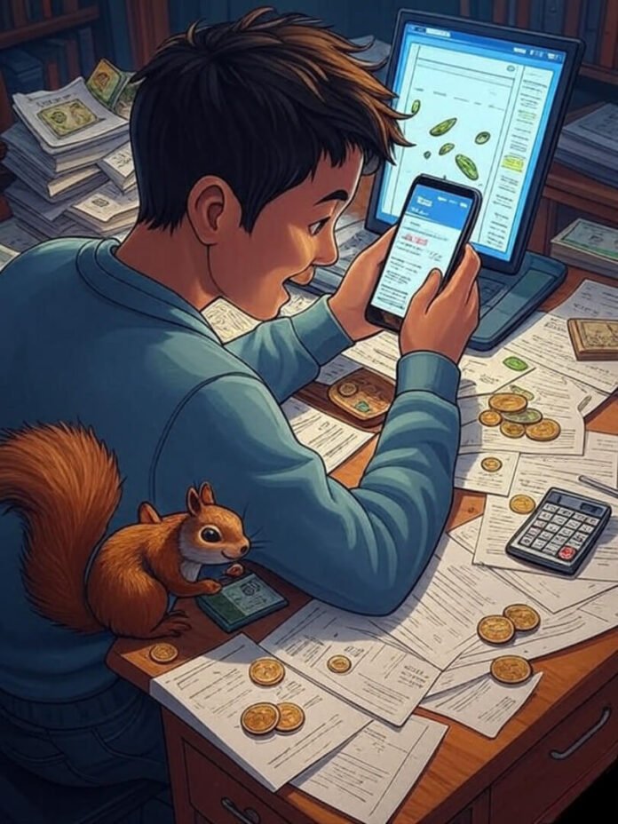 Cluttered desk, glitchy phone, squirrel, falling money.