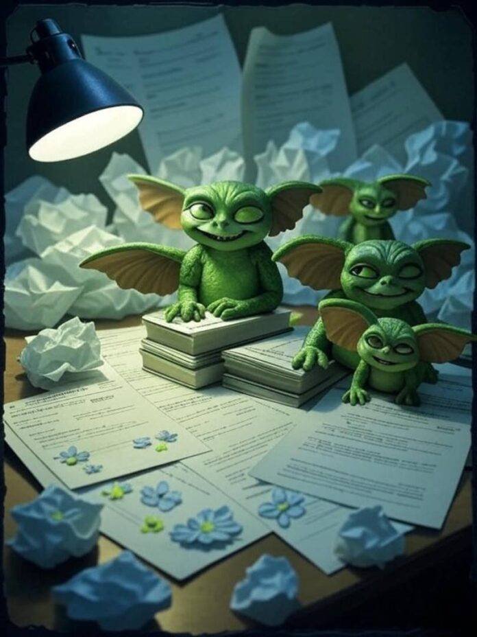 Crumpled loan papers with winking gremlins, hopeful vibe.