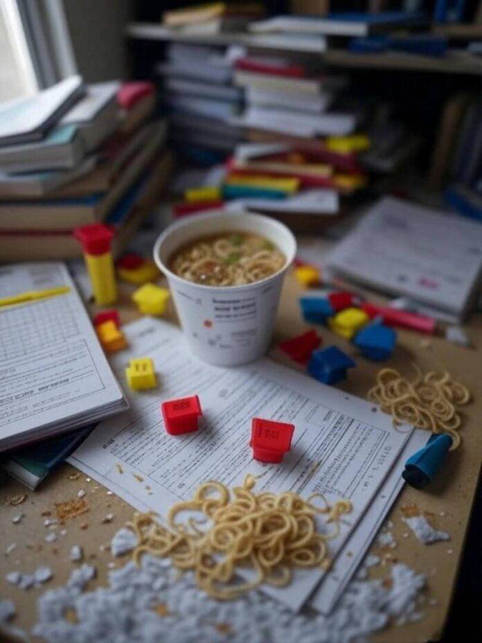 Cluttered desk with ramen, FAFSA, impressionistic style.