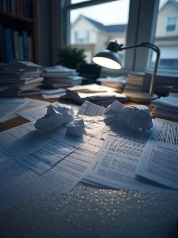 Crumpled financial docs on cluttered desk, emotional vibe.