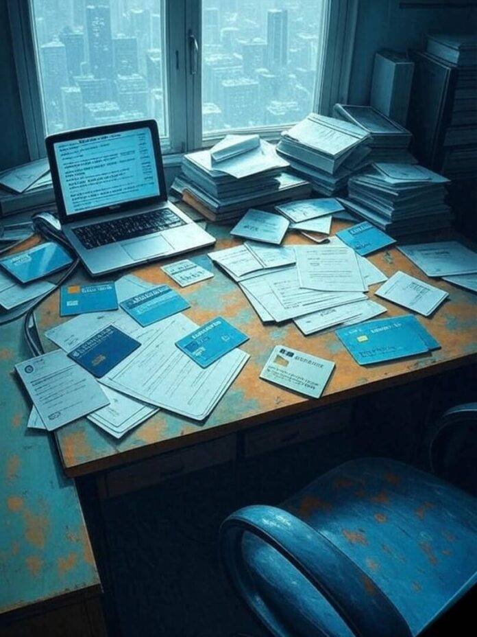 Cluttered desk with loan emails and credit cards.