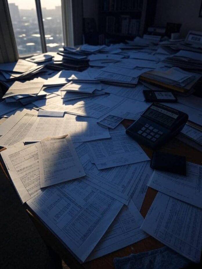 Financial chaos desk with wallet and reports.