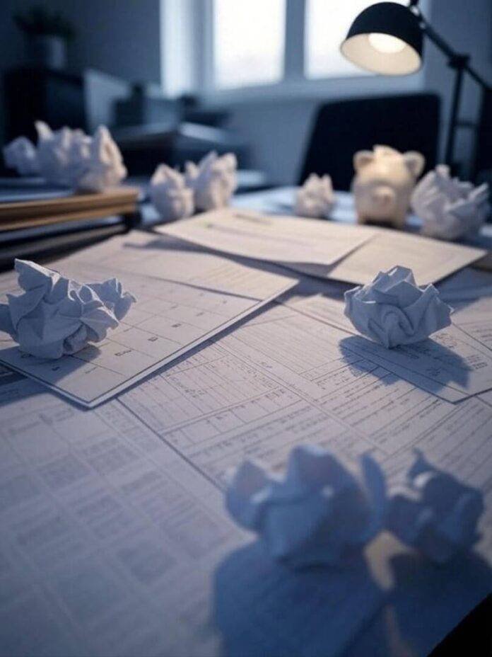 Cluttered desk with loan papers, 2025 calendar, piggy bank.