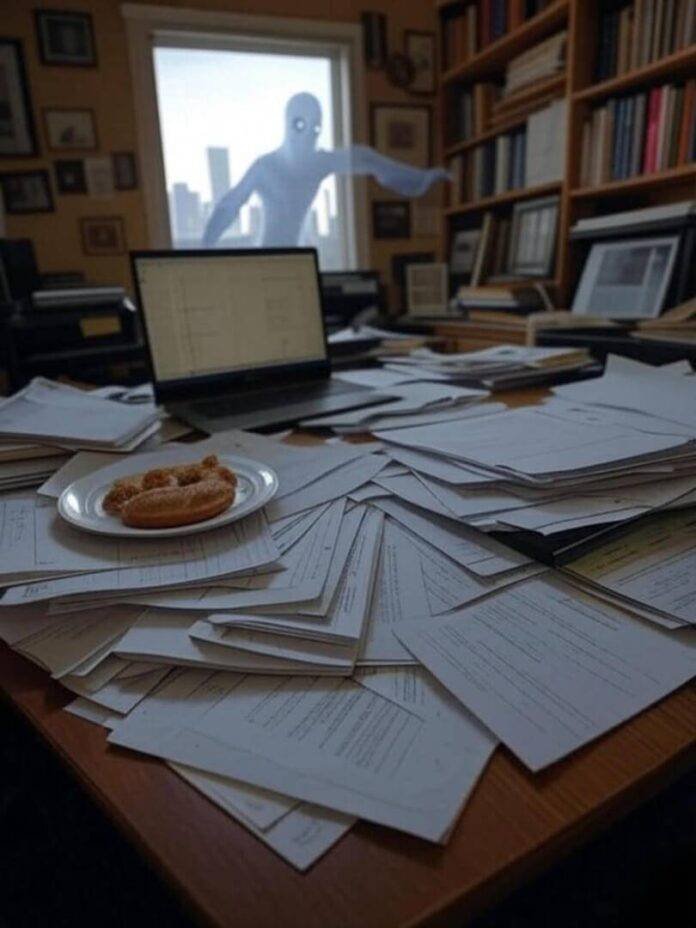 Credit score myths haunt messy Seattle desk.