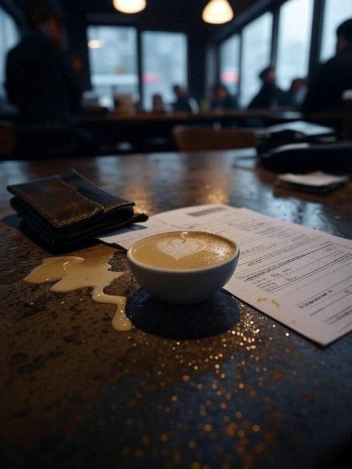 Blurry credit report, latte-stained, rainy cafe chaos.