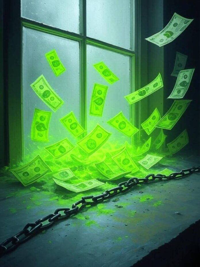 Foggy window view of ghostly bills, breaking chains.