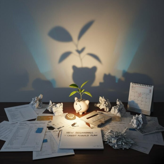 A person's desk with financial papers and a symbolic piggy bank.