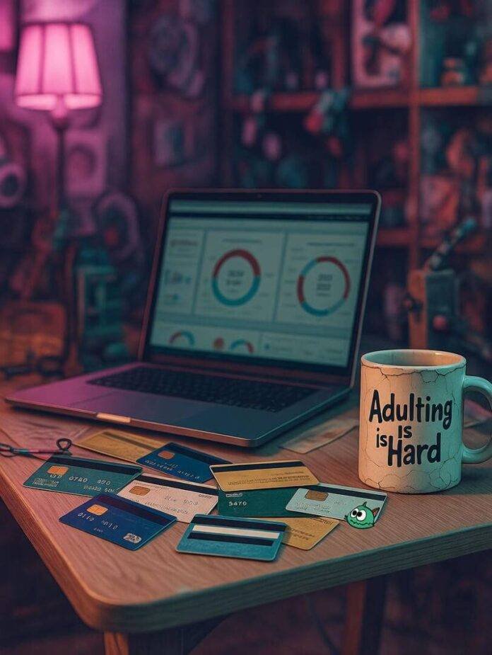 Messy desk with credit cards, mug, gremlin, neon glow.