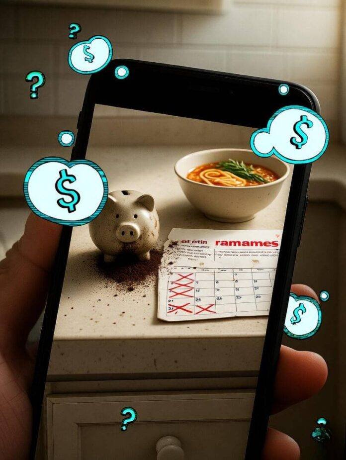 Messy kitchen budget save with glitchy vintage vibe.