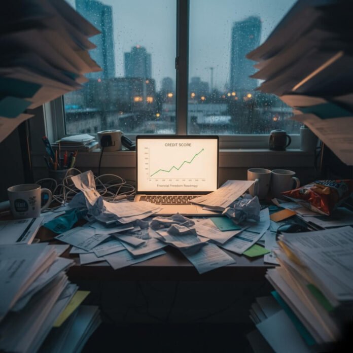 Cluttered desk, credit score graph on laptop.