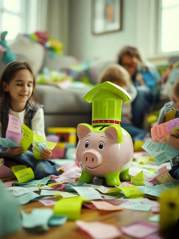 Chaotic living room, receipts flying, caped piggy bank.