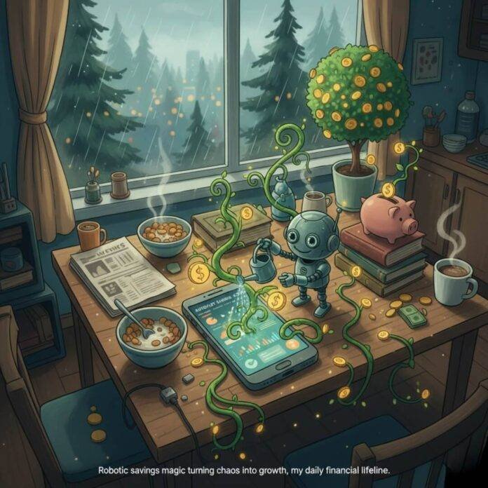Robot waters money tree on rainy kitchen table.