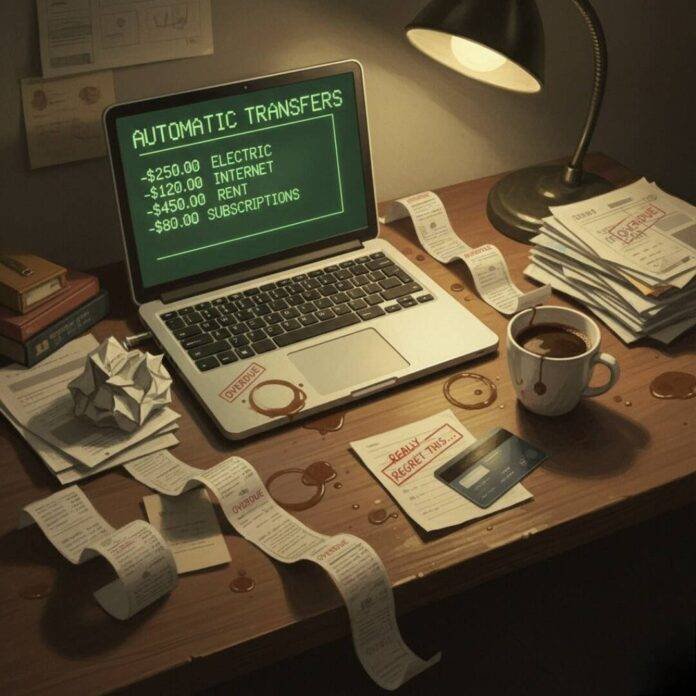 Desktop POV of automatic transfers, coffee stains, regret.