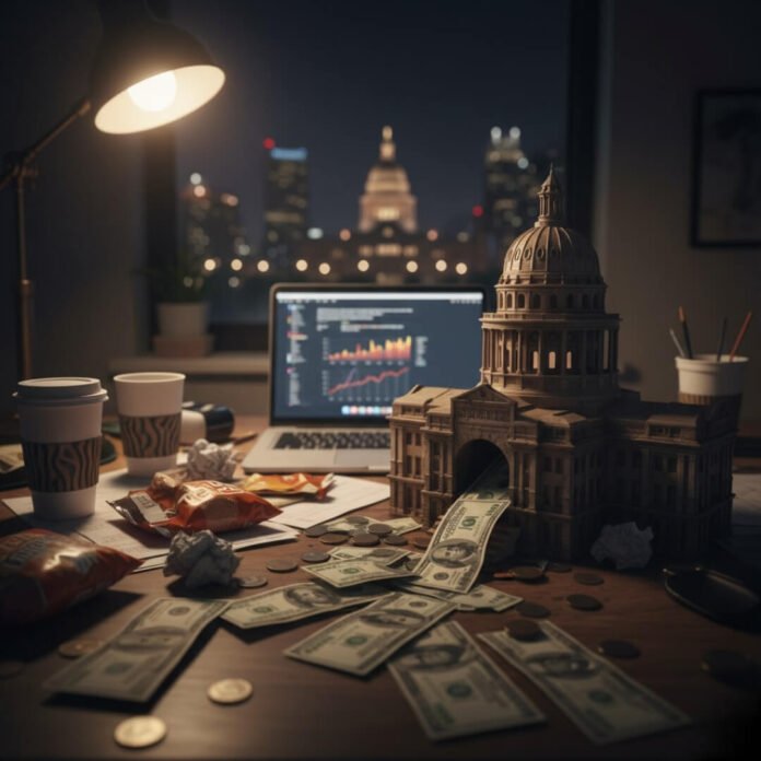 Night desk view: Austin Capitol, bills, piggy bank.