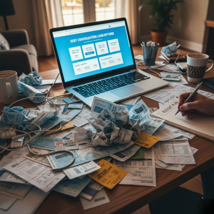 Cluttered desk with laptop, showing debt consolidation chaos.