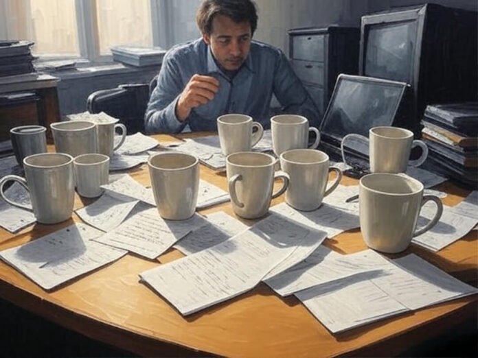 Desk chaos with mugs, notes, hopeful debt resolution.