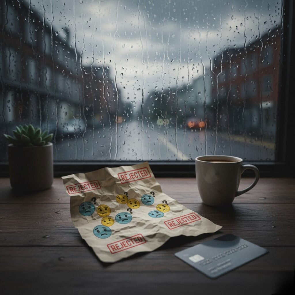 A crumpled rejection letter on a coffee table.