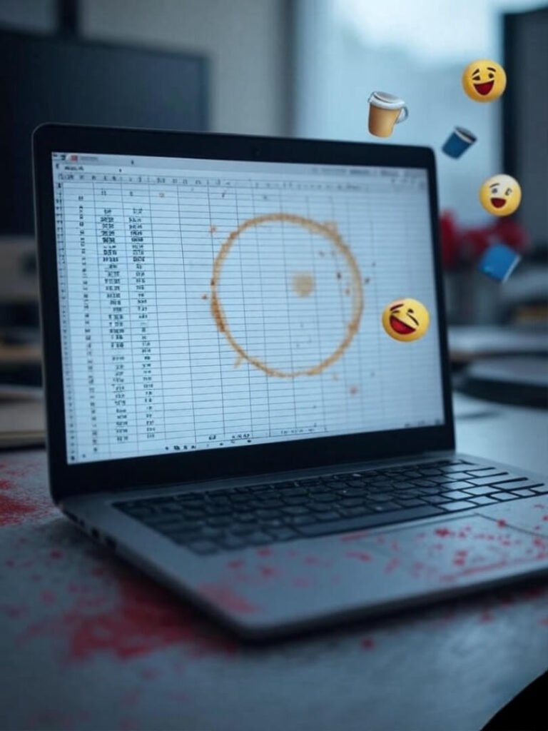 Messy budget spreadsheet with coffee stains, emoji ghosts.