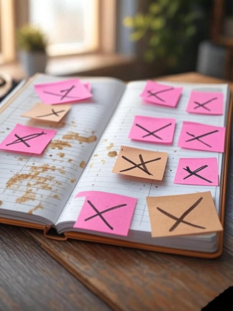 Messy budget planner with quirky debt checkmarks.