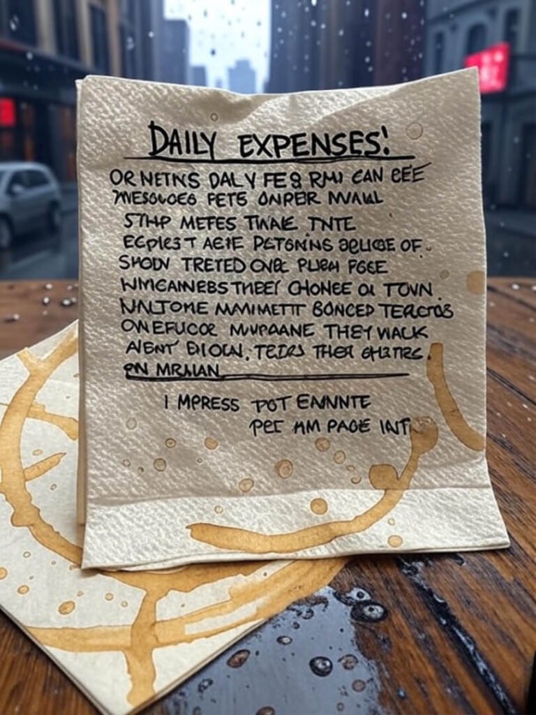 Napkin sketch of expenses with coffee stains, rain.