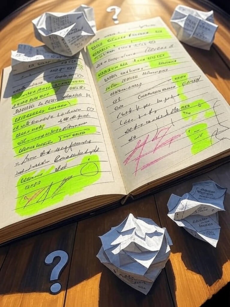 Tattered notebook with budget notes, quirky question marks.