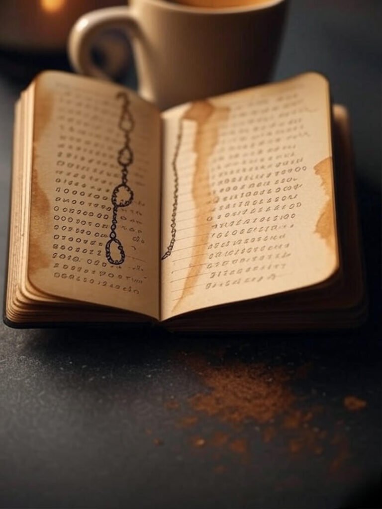 Coffee-stained notebook with chains and ribbons, humorous.