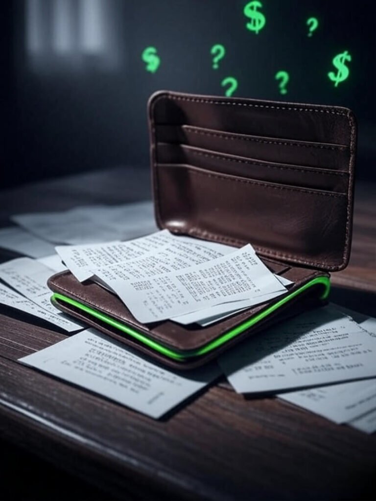 Wallet spilling receipts with floating dollar signs.