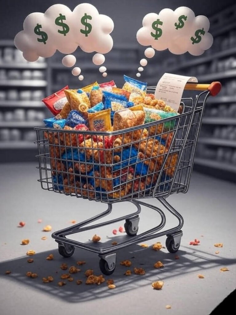 Overflowing cart with snacks, dollar bubble motifs.
