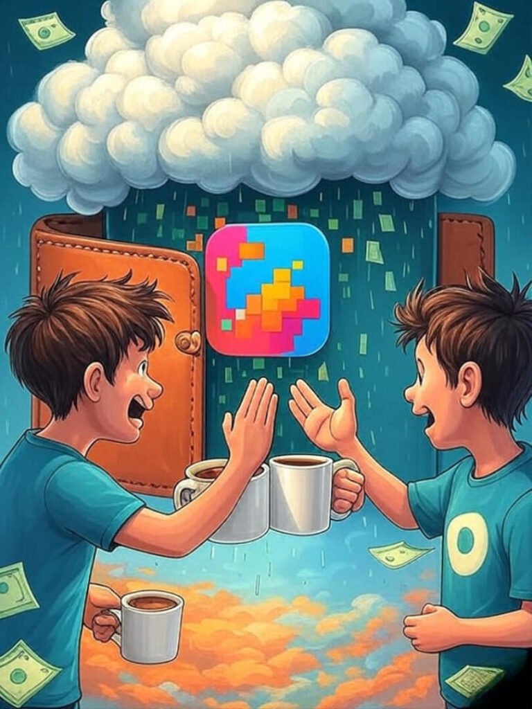 Cartoon me high-fives app amid dollar rain.