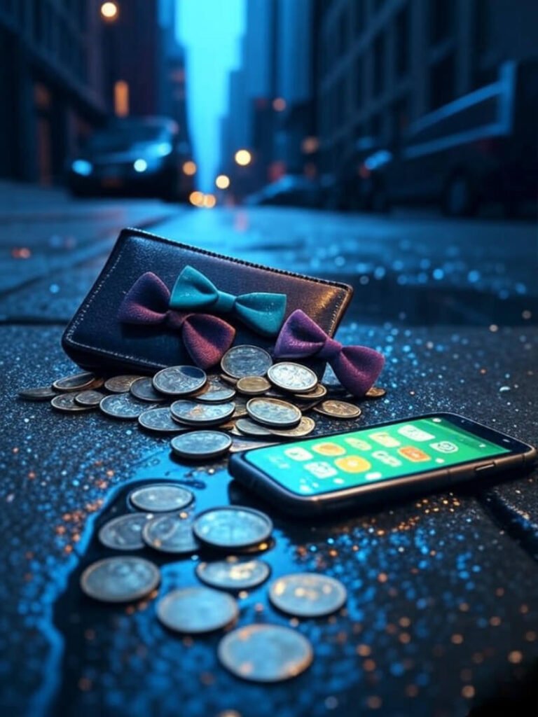 Wallet spills coins, phone glows on wet sidewalk.
