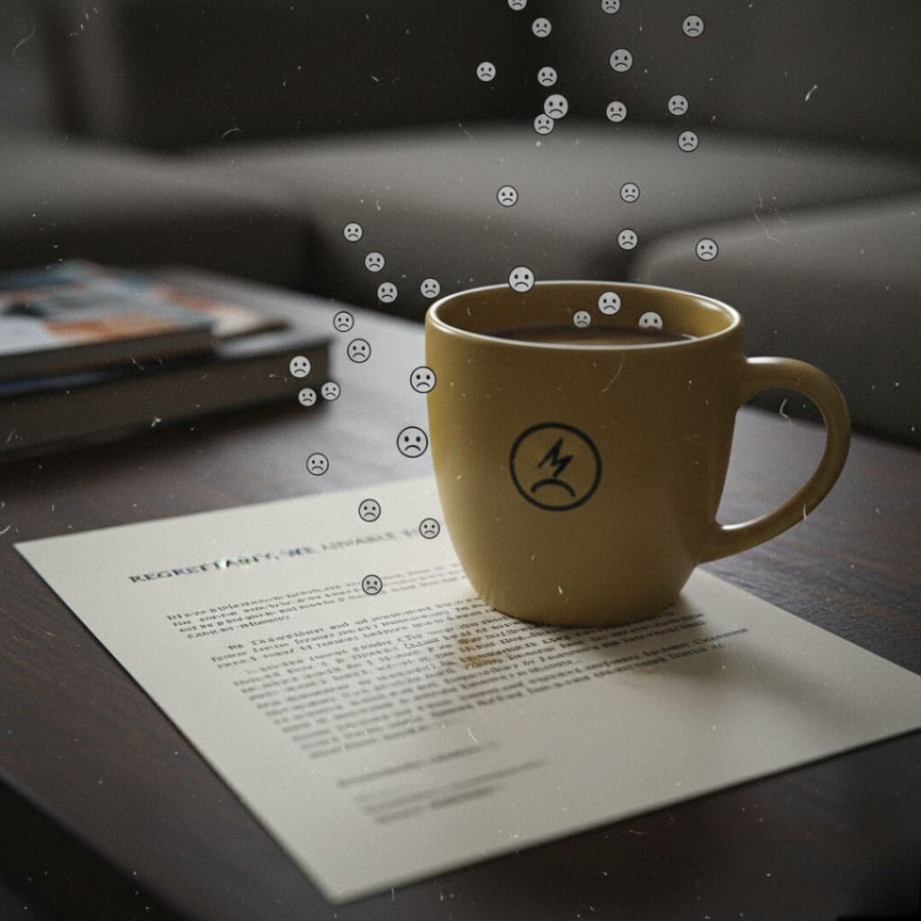 Rejection letter under coffee mug, raining emojis.