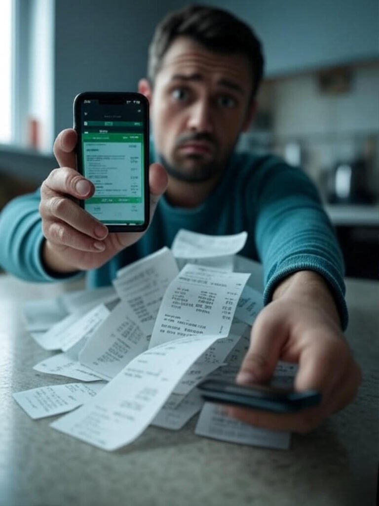 Me eye-rolling with phone amid grocery receipt mess.