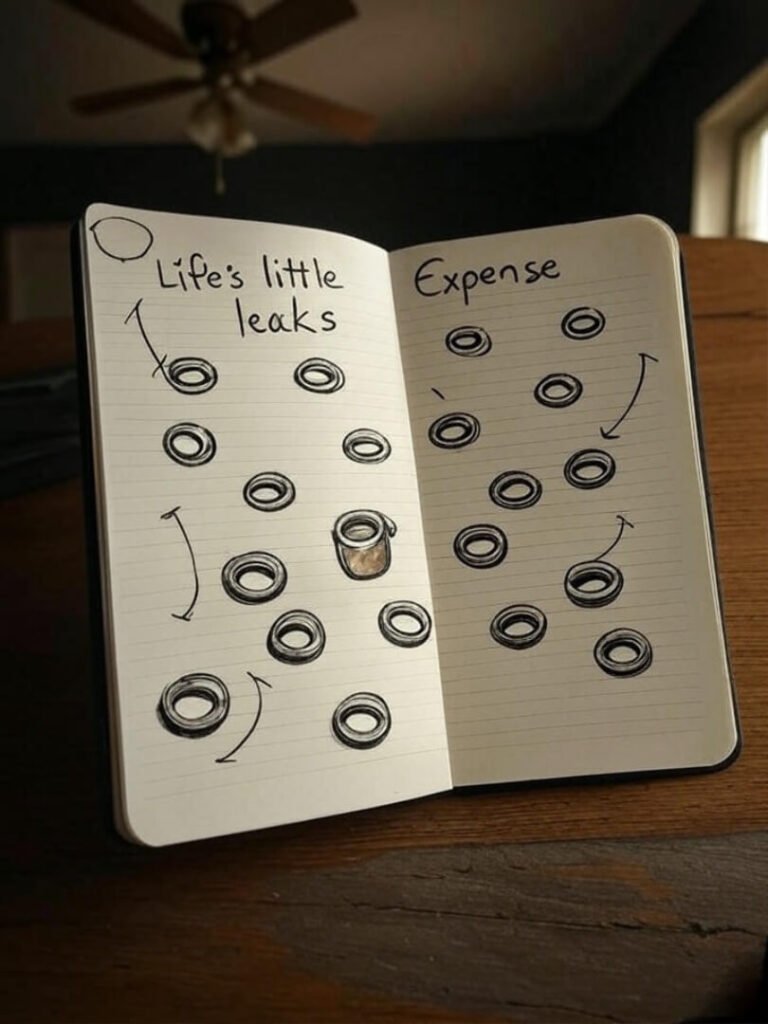 Notebook with doodles and coffee rings chaos.