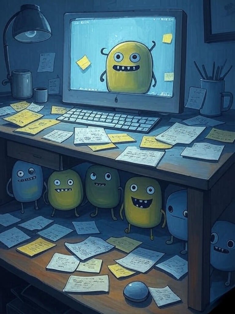 Under-desk notes, glowing screen, quirky wallet monsters lurking.