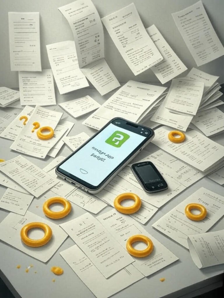 Messy desk, budget app, receipts, floating question marks.