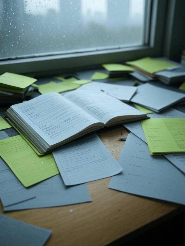 Rainy window, chaotic notebook with eligibility checklists.