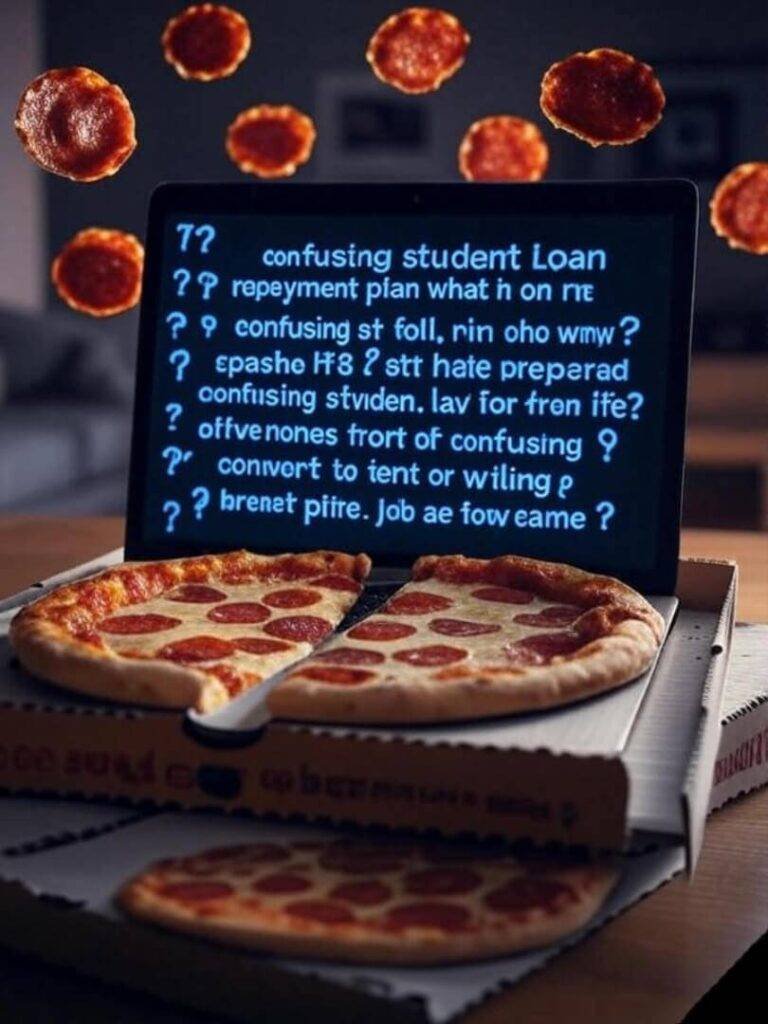 Laptop, pizza box, floating pepperoni question marks.