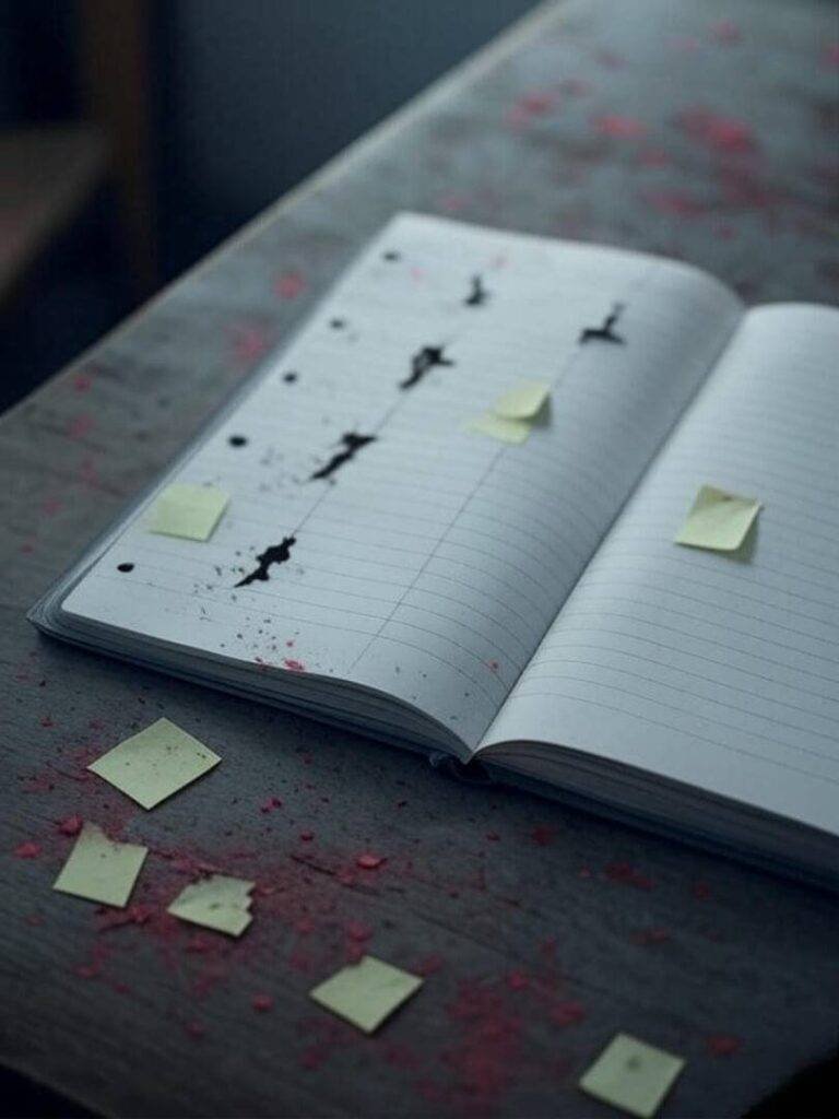Messy budget notebook, chains breaking, red splashes.