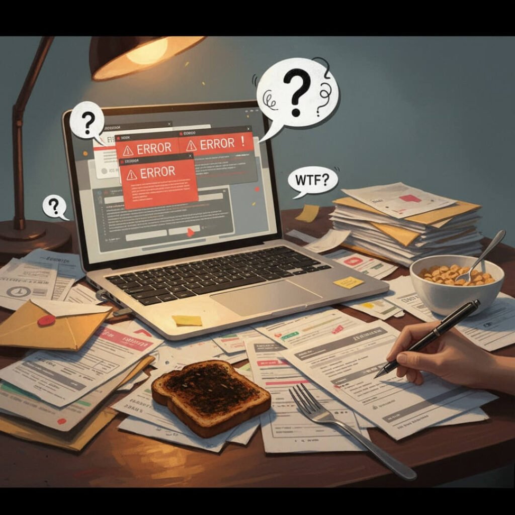 Frustrated DIY credit repair with error messages and burnt toast.
