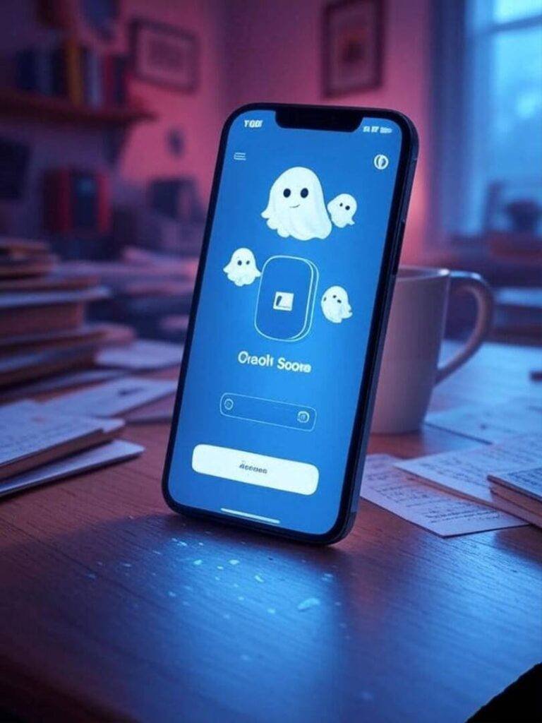 Smartphone app screen with ghosts, coffee mug reflection.