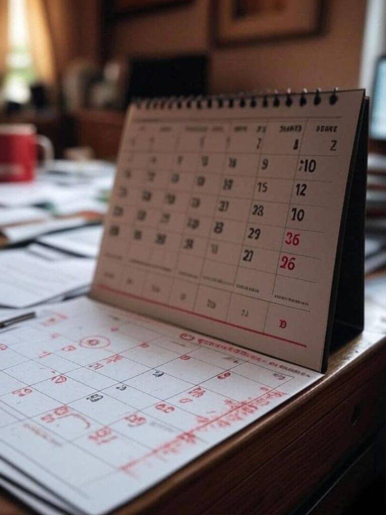 Coffee-stained calendar with marked payment dates.