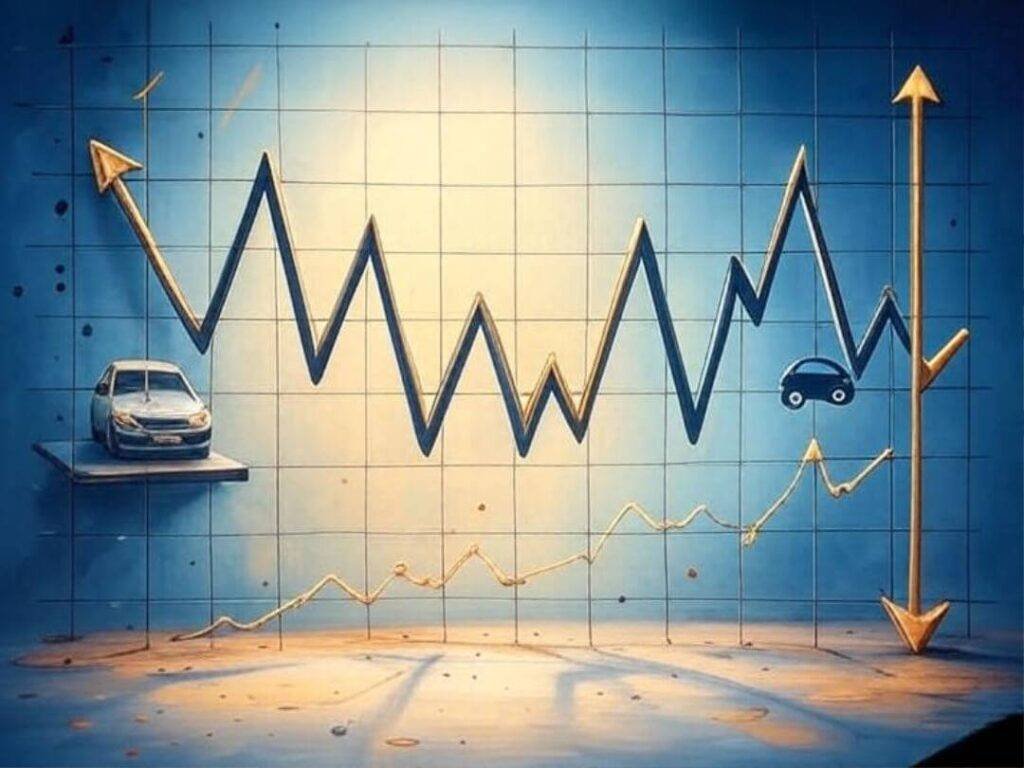 Jagged credit score chart with car icon.