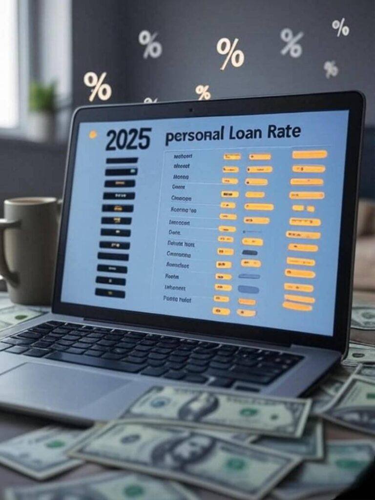 Laptop showing 2025 loan rates, bills, coffee mug, percentages.